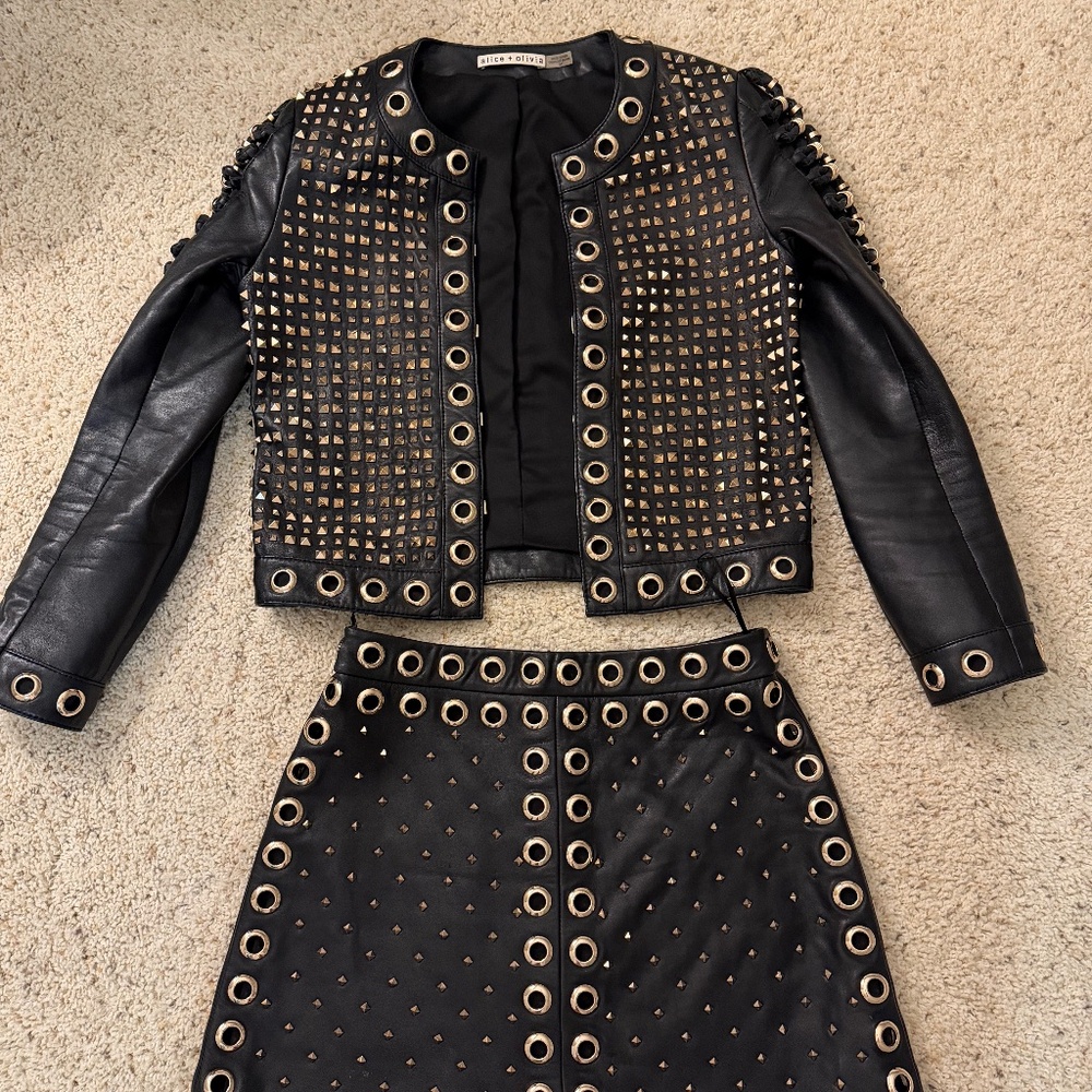 KIDMAN EMBELLISHED LEATHER BOXY JACKET + RILEY A-LINE STUDDED LEATHER SKIRT